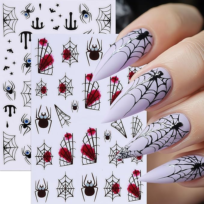 6 Sheets Halloween Nail Stickers 3D Self-Adhesive Scary Eyes Spider Ghost Nail Art Stickers Holiday Nail Decals Bloody Spiderweb Black Ghost Bats Nail Supplies for Women DIY Holiday Nail Decoration
