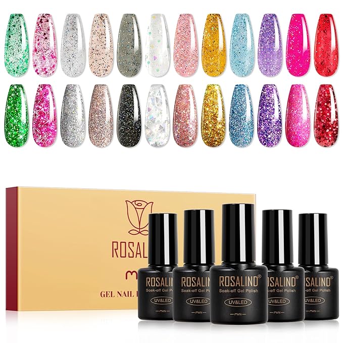 ROSALIND 12 Color Glitter Gel Nail Polish Set, Gold Hot Pink Silver Sparkly Shiny Pink Red Gel Nail Polish for Nail Art Gift