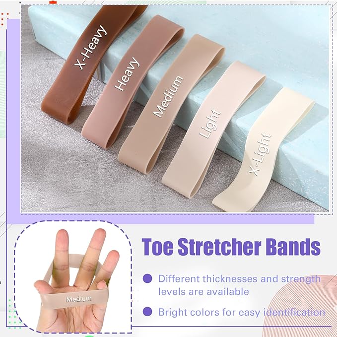 Set of 5 Toe Stretcher Bands for Bunions Correction Foot Big Toe Spacers Resistance Straightener Loop Bands with Carry Bag for Women Men Hallux Valgus Alignment Yoga Exercise(Coffee)