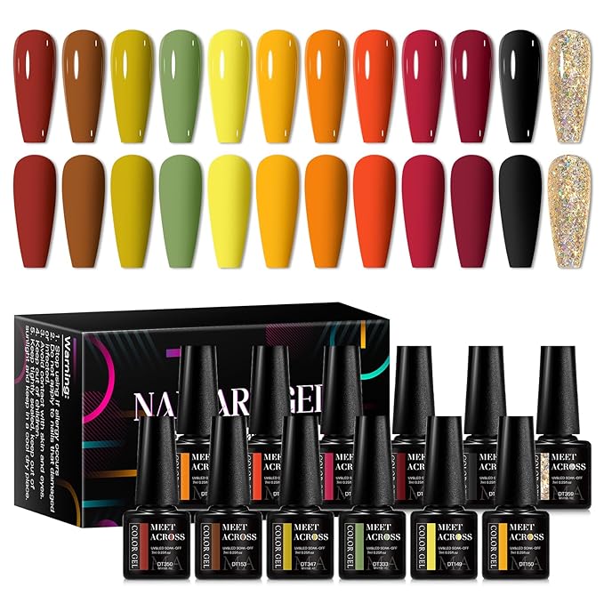 MEET ACROSS 12pcs Gel Nail Polish Set,Soak Off UV LED Lamp Gel Nail Polish Kit,Fashion Shimmer Nail Art Design Gifts for Women Manicure Salon (Brown Series)