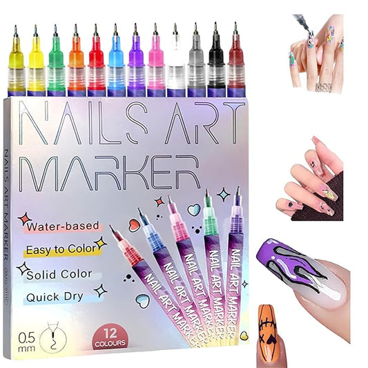 12 Color Nail Art Markers for Gel Nails,Nail Art Pens Set DIY Nail Art Marker 3D Nail Polish Pens, Quick Dry Dotting Point Liner Pens for DIY Nail Art Drawing Painting Tools (12 Colors)