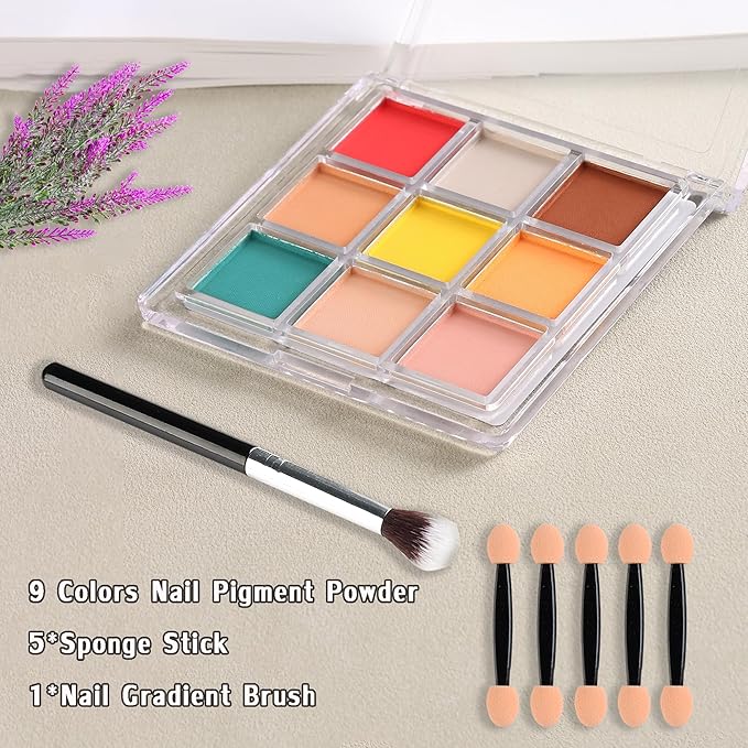 Nail Pigment Powder - 9 Colors Ombre & Gradient Nail Art Design Kit - Includes 5 Sponge Sticks & 1 Brush - Neon Powder for DIY Manicure Beginners