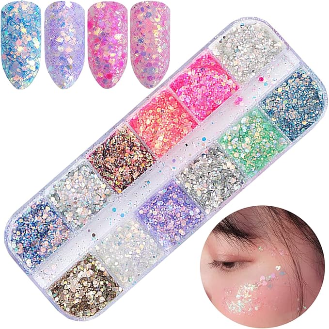 Holographic Nail Sequin Accessories - 3D Glitter Flakes Nail Supplies Acrylic Powder for Shiny Manicure Designs - Colors (12)