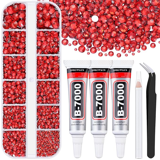 6000Pcs Resin Rhinestones for Bedazzling with 3Pcs B7000 Jewelry Glue, 1 Box Red Flatback Rhinestones for Crafting Crafts DIY, Crystals Gems for Clothing Shoes Tumblers Nail Art Makeup