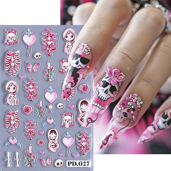 2Sheets Halloween Nail Art Stickers 5D Embossed Pink Skeleton Heart Nail Decals Self-Adhesive Spider Web Spider Stickers with Rhinestone Charms Design Nail Decal Rose Skull Nail Sticker for Women
