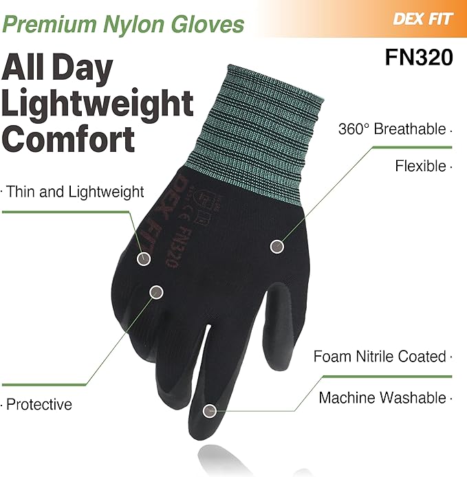 DEX FIT Nylon Work Gloves FN320, 3D Comfort Fit, Power Grip, Lightweight, Touchscreen for Men & Women, Breathable & Flexible for Yard Work DIY Mechanic Warehouse; Black 10 (XL)