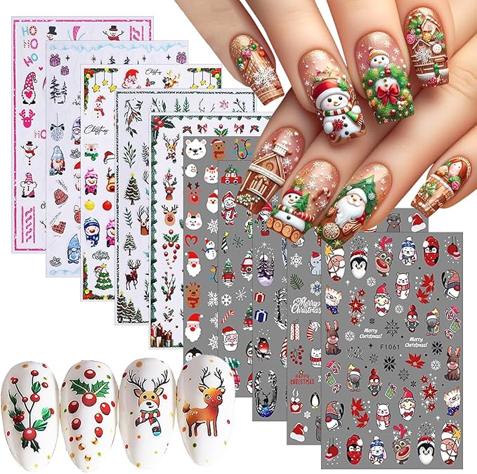 10 Sheets Christmas Nail Art Stickers Decals Cute 3D Self Adhesive Nail Decals Design Snowman Snowflake Deer Santa Claus Penguin Christmas Tree Nail Stickers for Women DIY Manicure Xmas Nail Decor