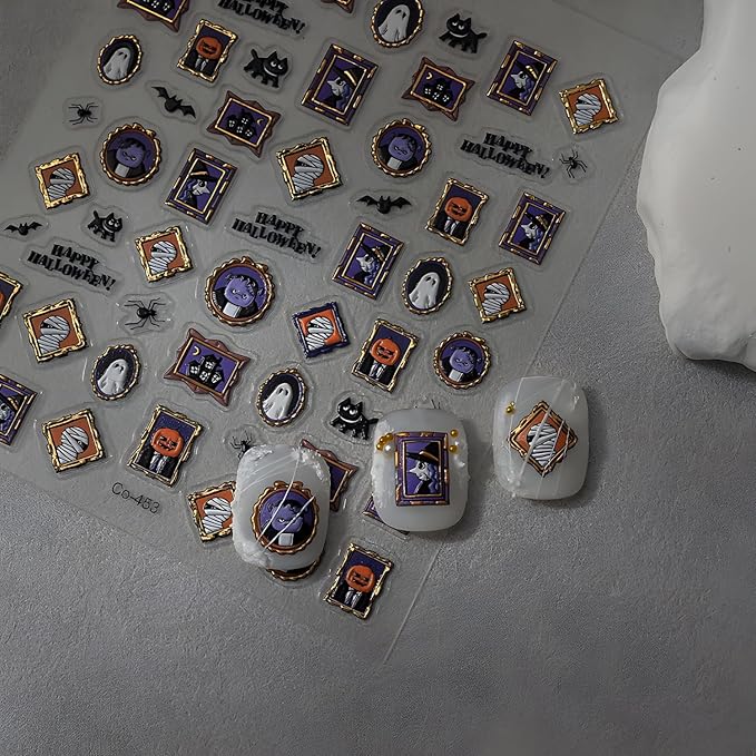 Halloween Nail Stickers Ghost Nail Art Stickers Pumpkin 5D Self-Adhesive Nail Decals Black Cat Nail Design Bat Spider Nails Supplies Decoration Accessories for Women and Girls