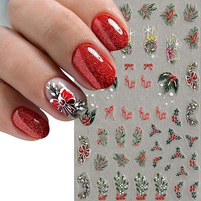 4 Sheets Christmas Nail Art Stickers 5D Embossed Self Adhesive Winter Grass Nail Decals Winter Christmas Tree Elk Snowflake Design Nail Stickers for Women Girls DIY Holiday Manicure Decoration