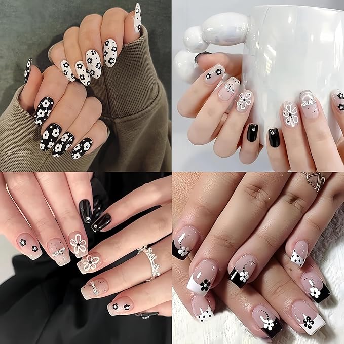 4 Sheets Embossed Flower Nail Art Stickers Flower Nail Decals 5D Self Adhesive Black and White Floral Nails Design Stickers Jelly Nail Supplies for Women and Girls Acrylic Manicure Decoration