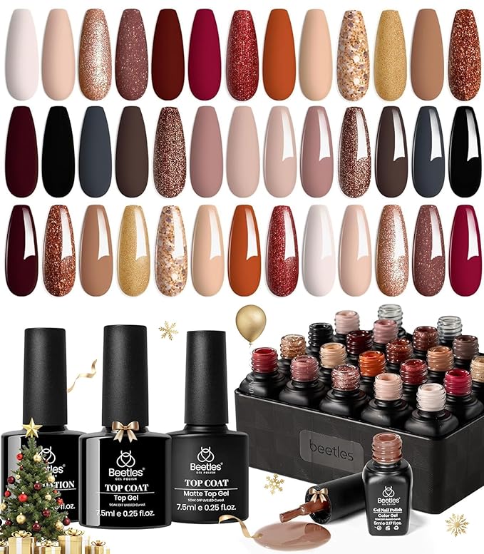 Beetles Fall Gel Nail Polish Set, 23Pcs Brown Burgundy Red Nude Pink Winter Gel Polish Set with Base Top Coat Verse of Roses Kit, Soak off Uv Gel Golden Glitter Holiday Nail Gift for Women
