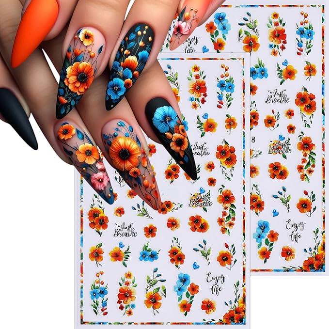8 Sheets Multi Styles Sunflower Nail Art Stickers Summer Floral Self-Adhesive Yellow Orange Sun Flowers Butterfly Bees Decals Nail Sticker for Women Girls Manicure Tips Decoration