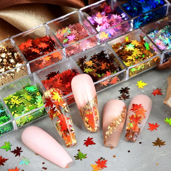 Maple Leaf Glitter Nail Sequins Fall Maple Leaves Glitter for Nails Holographic Laser Fall Nail Art Design Supplies 3D Autumn Glitters Flakes Decor