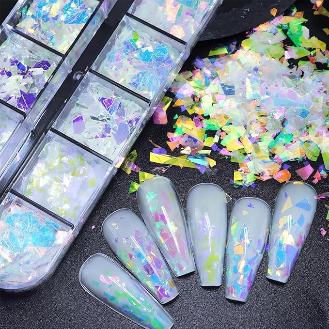12 Colors Holographic Chrome Nail Art Glitter Sequins Iridescent Ice Slag Chunky Nail Glitter Flakes Mermaid Nail Sequins Colorful Fluorescent Glass Paper Nail Art Decoration for Face Hand Body DIY