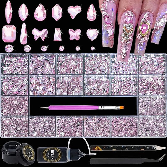 HNUIX Nail Rhinestones - 4550pcs Light Pink, Multiple Shape Gems, Flatback Crystal Rhinestones for Nails Decor Designs Kits