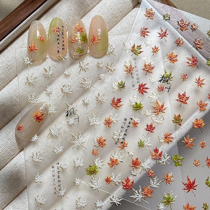 2 Sheets Thanksgiving Nail Stickers for Nails Art Autumn Maple Leaf Nail Decals 5D Self-Adhesive Red Gold White Embossed Maple Leaves Nail Supplies Fall Leaf Shiny Manicure Accessories for Women DIY