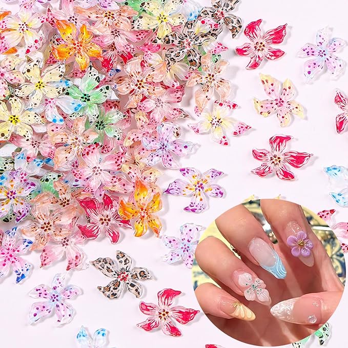 3D Hawaii Flowers for Nails,Spring Hibiscus Floral Nail Art Charms Lily Flowers for Nail Rhinestones Craft Multi-Color Petal Relief Flower Charms for Summer Acrylic Nail Jewelry Manicure Accessories