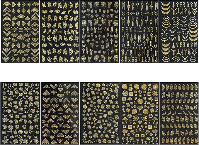 Gold Stickers for Nails - 10 Sheets 3D Self-Adhesive Flower, Leaf, and Geometry Designs - Manicure Art Supplies and Decorations for Women, Style5