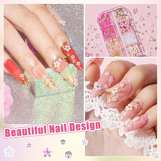 3D Flower Nail Charms and Gems with Nail Beads & Butterfly - Rose/White/Pink Flowers + Gold/Silver Caviar Beads + White Rhinestones Half Pearls + Metal Gold Butterfly for DIY Nails (3-S1-Glitter)