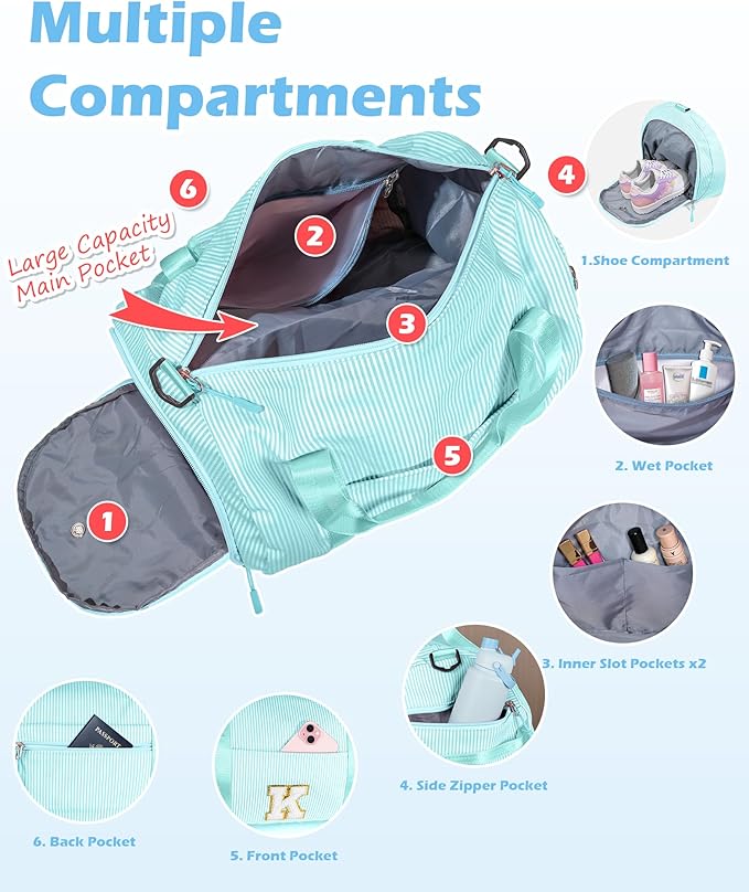 6 Year Old Girl Birthday Gift Ideas,Girls Travel Duffle Bag, Kids Initial Overnight Bags with Shoe Compartment, Personalized Weekend Bag with Cosmetic Pouch, Gifts for Niece (Letter I)