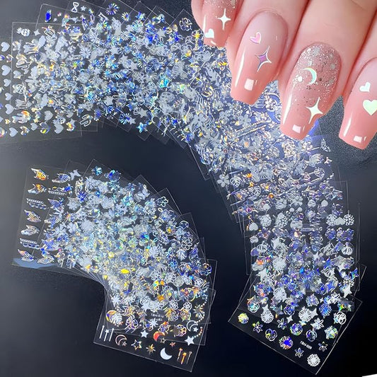 30 Sheets Aurora Nail Art Stickers Decals 3D Self Adhesive Flower Nail Stickers for Nail Art Moon Star Nail Decals Leaf Heart Nail Design for DIY Acrylic Nails Decoration Accessories for Women Girls