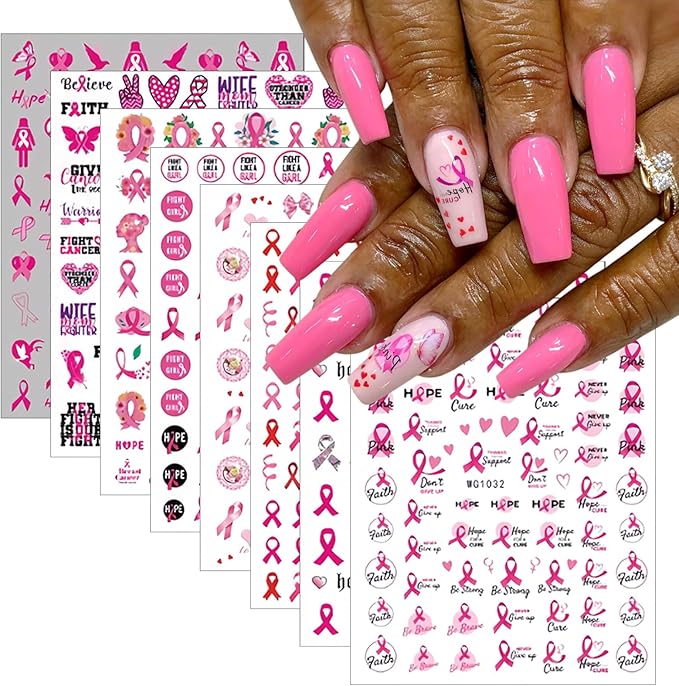 Breast Cancer Nail Art Stickers 3D Self-Adhesive Pink Ribbon Nail Stickers Heart Breast Cancer Awareness Design Nail Decals Stickers for Women Girls DIY Manicure Decoration 8Sheets