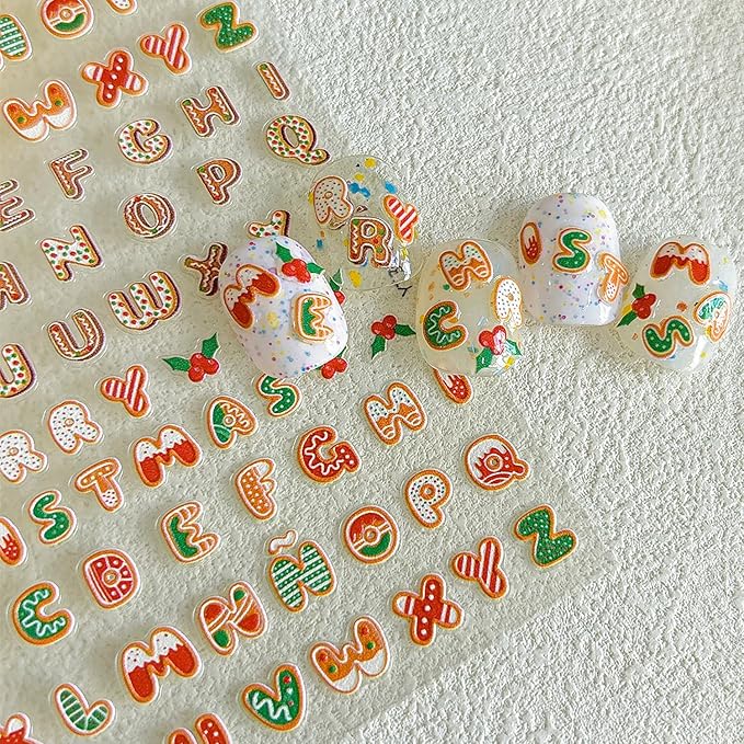 Christmas 5D Embossed Nail Art Stickers - Letter Decals, Sanding Design, Cute Winter Holiday Supplies for Women DIY - English Colour Alphabet, Cute Winter Holiday Theme