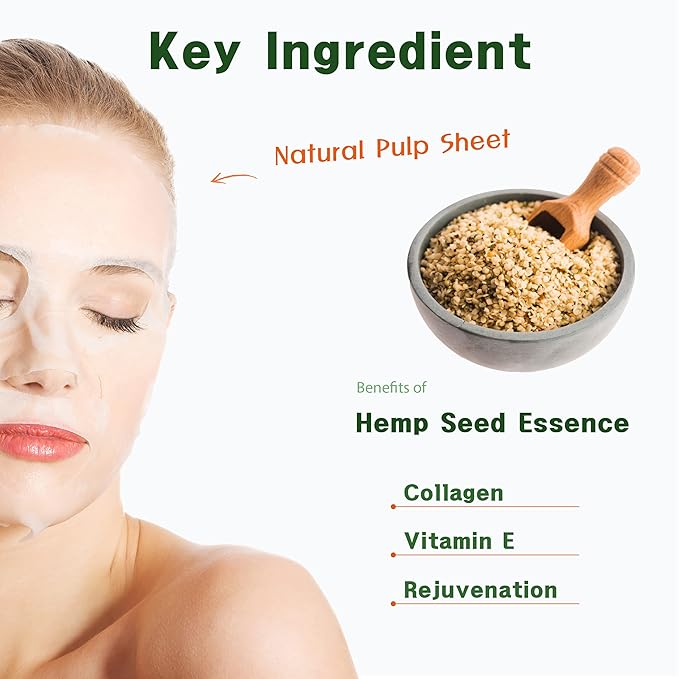 Purederm Hemp Seed Essence Mask (12 Pack) – Hemp Seed Oil, Collagen, and Vitamin E Effectively, Moisturize and Soothe the Skin