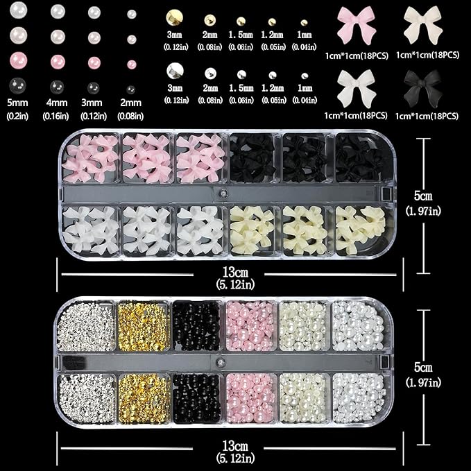 Nail Art Pearls with Glue Gel Flatback Pearls Pink Cream Bow Nail Charms Gold Silver Nails Gems Pearl Accessories for Women Nails Design Decoration Mixed Size 0.04-0.2in