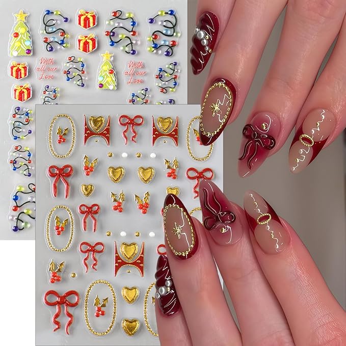 4 Sheets Christmas Nail Art Stickers 5D Embossed Winter Nails Decals Red Gold Heart Bow Nail Stickers Gold Circle Cherry Xmas Nails Design Winter Nail Supplies for Women Acrylic Manicure Decorations
