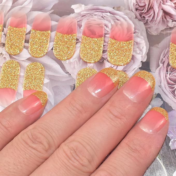 Semi Cured Gel Nail Strips (Glitter French Tip)-22 PCS Manicure Stickers | Light Required | Gel Nail Wraps, Salon Quality & Easy To Use