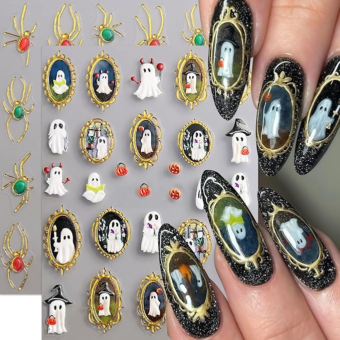 5D Halloween Nail Stickers Spider Ghost Nail Art Stickers Self-Adhesive 5D Engraved Retro Picture Frame Ghost Nail Decals Pegatinas Uñas Jelly Spider Nail Supplies for Women Nails Decorations 2Pcs