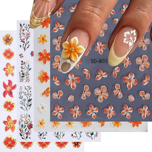 Flower Nail Stickers for Nail Art 3D Self-Adhesive Lily Hibiscus Tulip Flowers Nail Stickers Fall Floral Nail Decals Supplies for Women DIY Manicure Supplies Accessories 4 Sheets