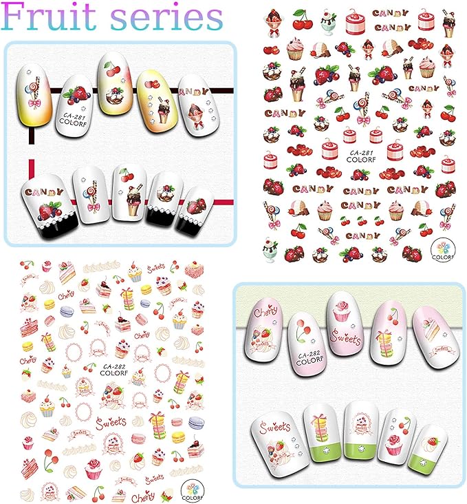 9 Sheets Fruits Nail Stickers for Girls,Spring Nail Decals 3D Self-Adhesive Summer Nail Stickers for Nail Art,Text Fragments Design Holiday Nail Decals for Women