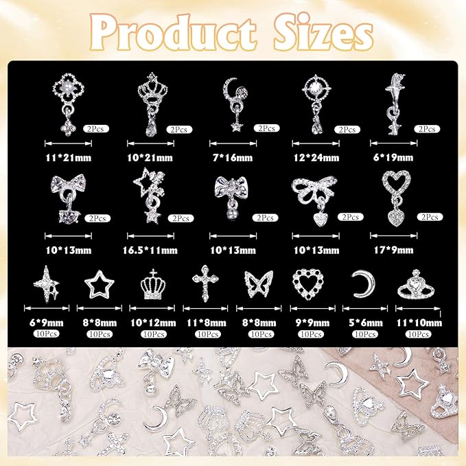 100 Pcs Silver Nail Charms and Gems, Silver Dangle Star Bows Nail Gems Charms, Metal Crown Heart Butterfly Charms for Acrylic Nail Art Alloy Cross Nail Charms for Women DIY Accessories