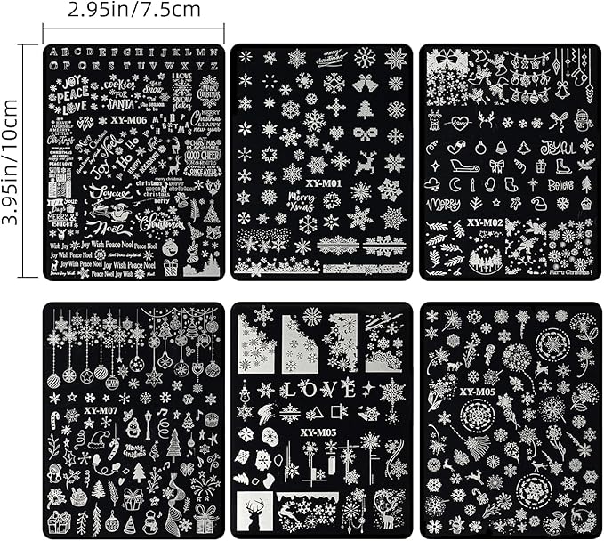 6Pcs Christmas Stamping Plates Set Winter Nail Stamp Kit Xmas Art Image Plates With Snowflakes Tree Bell Snowman Elk Designs DIY Stainless Steel Polish Template