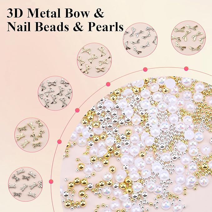 3D Metal Bowknot & AB Pearl and Mini Beads Nail Art Kit - Gold/Silver Alloy Bowknot, 1-2mm Stainless Steel Caviar Beads, 3mm Half Pearls for Professional Salon & DIY Manicure Jewelry Designs (Set 2)