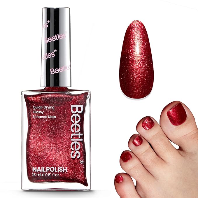Beetles Nail Polish Red Glitter 1Pcs 15ml Ruby Radiance Fast Drying & Long Lasting Nail Polish Shimmer Red Color Art Effect for Christmas Nail Salon DIY Manicure