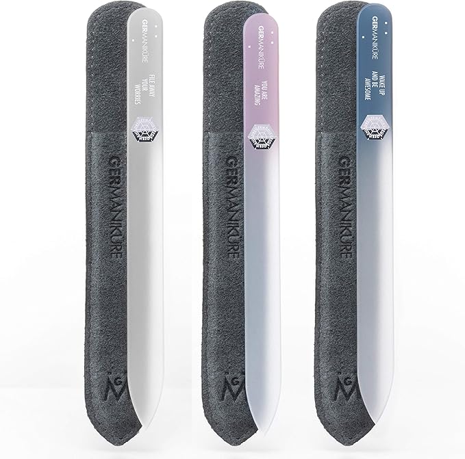 GERMANIKURE Czech Crystal Glass Nail File 3 Pack in Suede Leather Case - Professional Manicure & Pedicure Products for Smooth Easy Shaping of Natural Nails