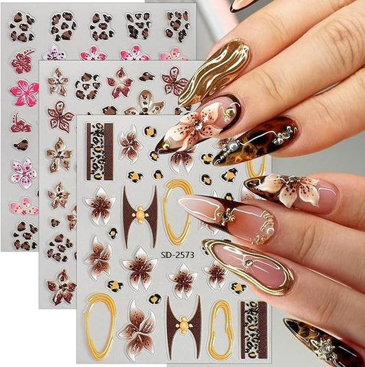 3 Sheets Flower Nail Stickers for Nail Art 5D Self-Adhesive Embossed Cute Floral Nail Art Stickers Leopard Nail Decals Summer Fall Flowers Nail Design Sticker for Women Nails Decoration