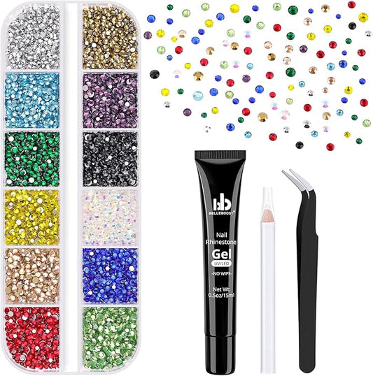 4200Pcs Glass Crystal Small Rhinestones for Nail Art with Nails Rhinestone Glue, Colourful SS3-SS8 Flatback Bedazzling Gems, Nail Rhinestones and Gems Crystals Charms for Acrylic Tips Manicure Decor