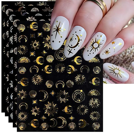 Gold Sun Nail Art Stickers - Sliver Moon Star Self-Adhesive 3D Nail Decals for DIY Golden Slivery Manicure (6 Sheets)