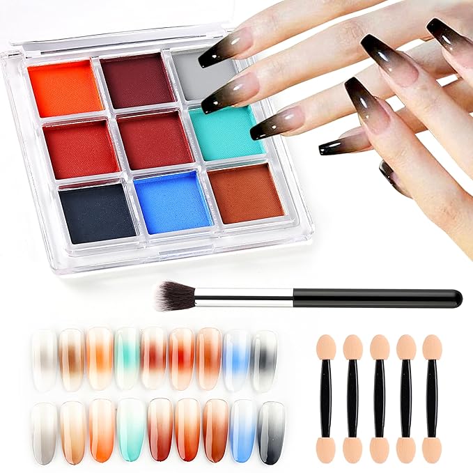 Nail Powder Pigment Palette - 9 Colors Ombre Gradient Nails - Ultra Fine Powder - Includes 5 Sponge Sticks, 1 Brush