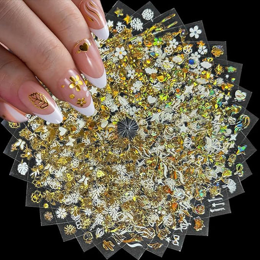 Gold Nail Art Stickers - 30 Sheets, 3D Self-Adhesive Leaf, Flower, Star, Moon, Heart, Snowflake Designs for Women & Girls