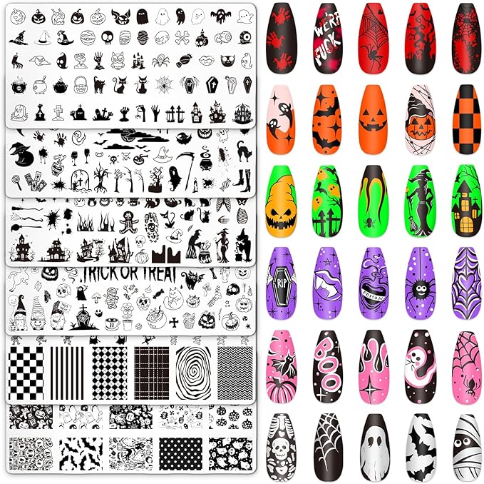 Whaline 6Pcs Halloween Nail Plates Stamping Set Pumpkin Ghost Bat Witch Stamp Templates Nail Art Plates for Trick or Treat Party DIY Print Manicure Salon Design