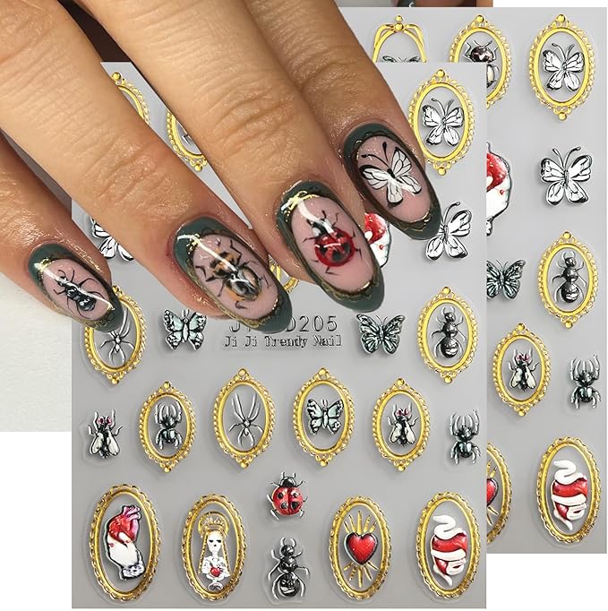 2Pcs Retro Halloween Nail Stickers Butterfly Decals for Nail Art Spider Nail Design Insect Gold Mirrors Nails Supplies 5D Embossed Heart Nails Acrylic Accessories for Women DIY Manicure Decoration