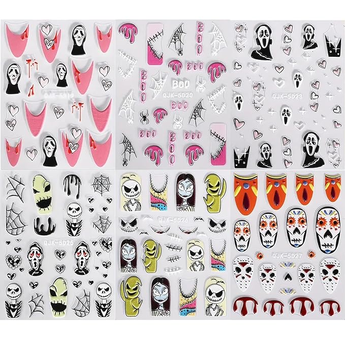 6 Pcs Halloween Nail Art Stickers Decals 5D Embossed Scary Ghost Nightmare Self-Adhesive Designs Nail Supplies Terror Scar Mask Spider Web Designs Halloween DIY Manicure Decorations for Women