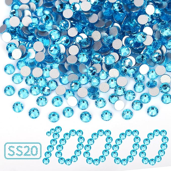 10000PCS Aquamarine Rhinestones Bulk, Flat Back Crystal Glass Stone Round Gems,SS20, 4.6-4.8mm