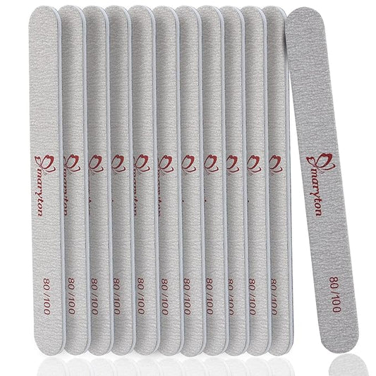 Maryton Coarse Nail File 80/100 Grit Emery Boards for Poly Gel Acrylic Nails, 12 PCS Professional Double Sided Wood Finger Nail Files Set Manicure Tools