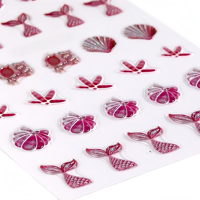 3 Sheets Summer Nail Art Stickers Ocean Style 5D Embossed Fantasy Mermaid Tail Ocean Wave Fishtail Shell Starfish Design Stickers Suitable for Women and Girls Nail Art Decoration